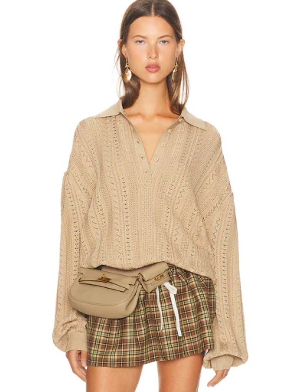 HELSA Addeline Oversized Crochet Polo in Tan